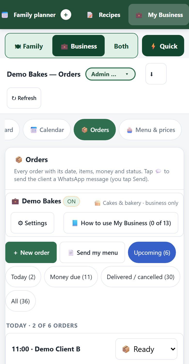 ClanBite business orders screen
