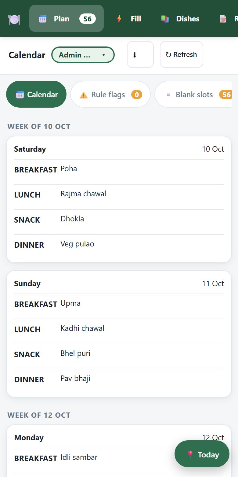 ClanBite weekly meal planner calendar showing a planned week of Indian meals