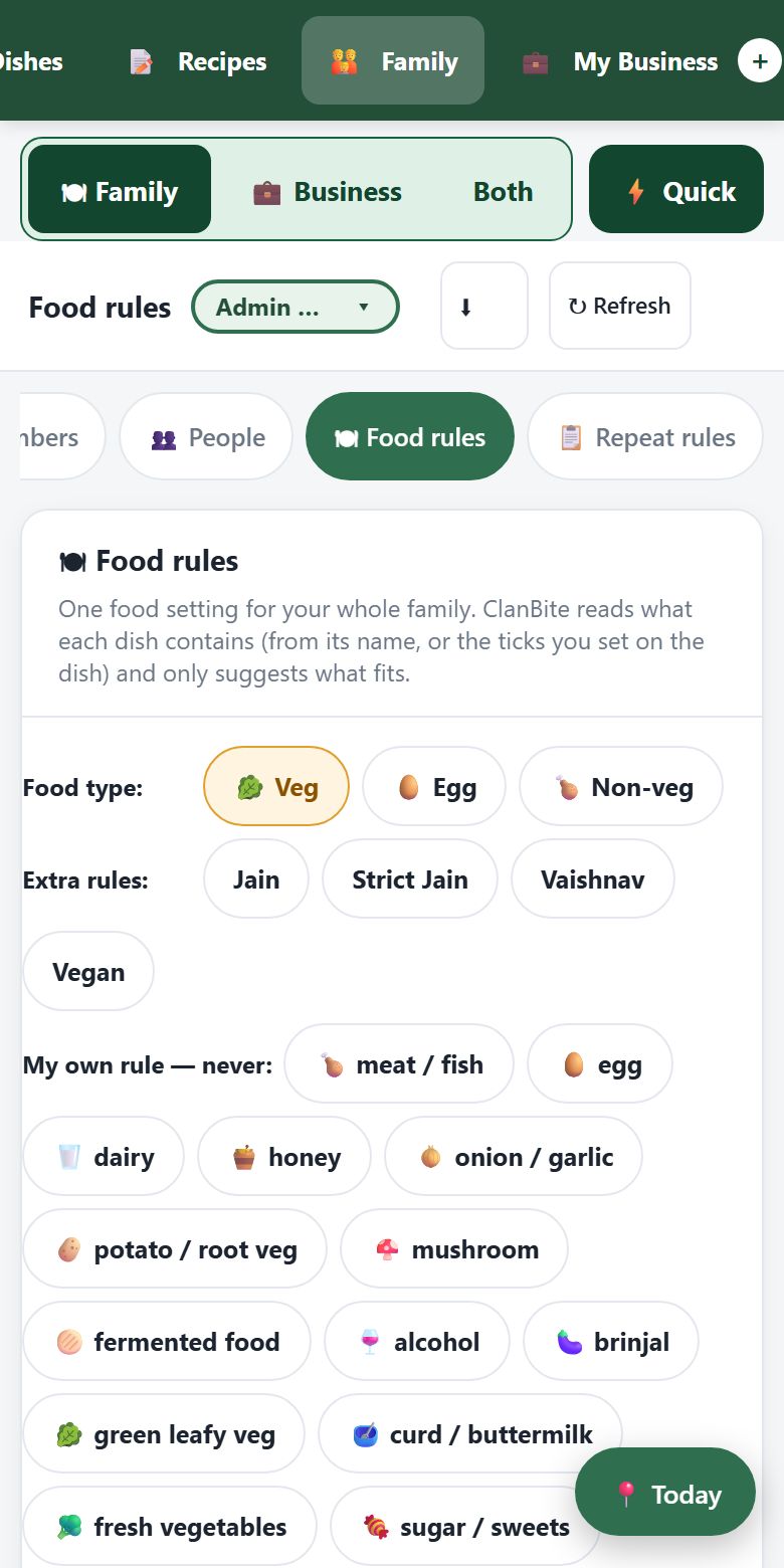 ClanBite food rules screen