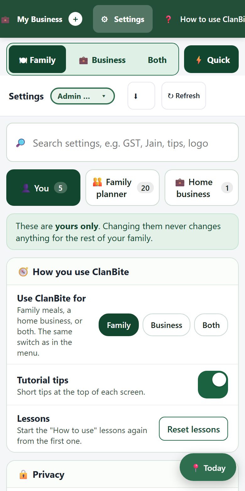 ClanBite Settings screen with a search box and three tabs